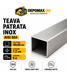Teava patrata inox AISI 304, 40 x 40 x 1.2 mm, 6 metri